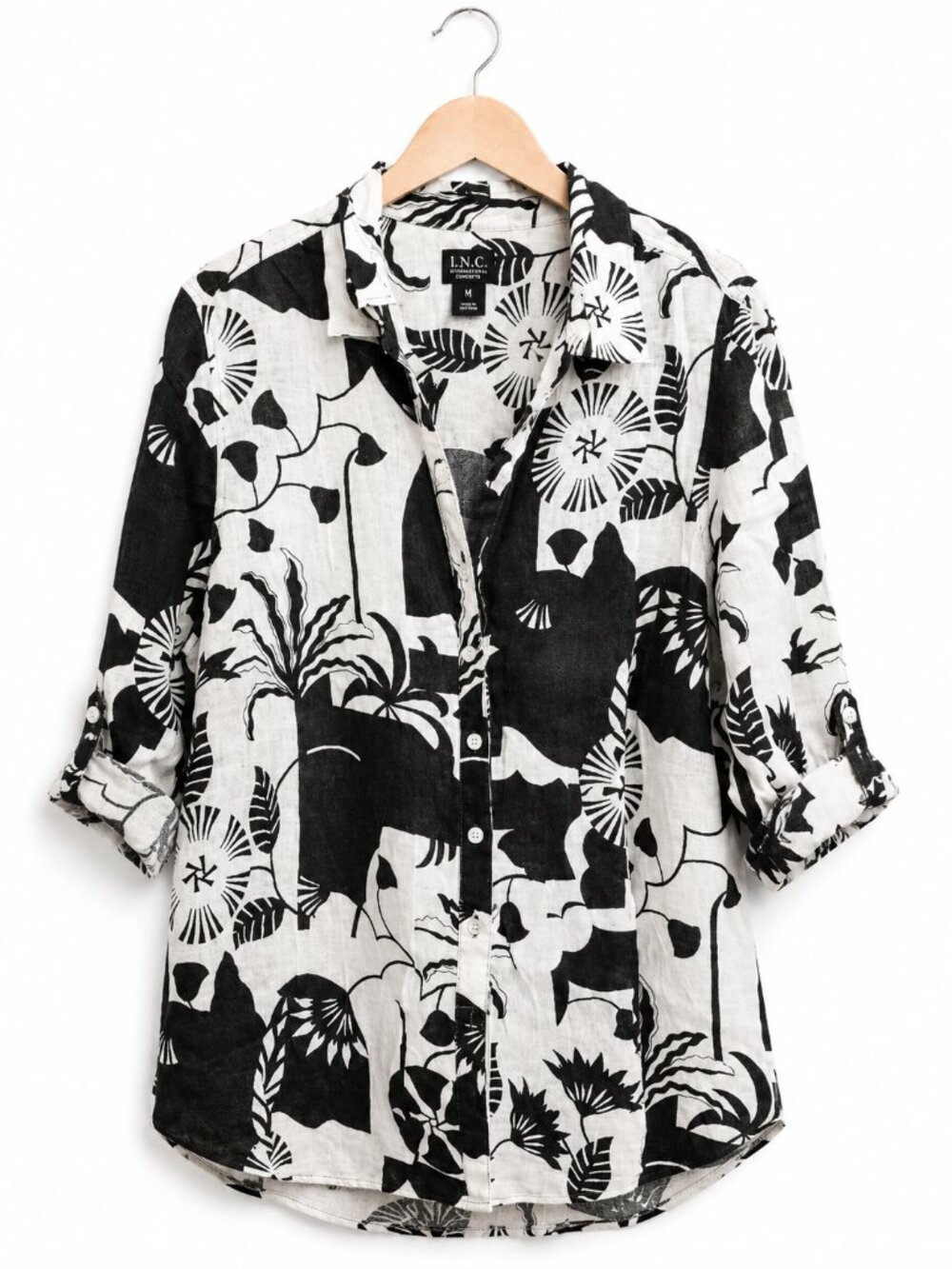 NICOLE MILLER | Black & White Linen Button-Up Blouse – Women’s 2X